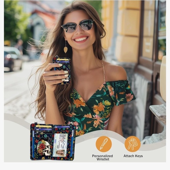 🆕 Cat Skull Credit Card Holder Slim Wallet, Floral Goth RFID Wallet  (new) - Picture 2 of 6